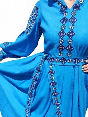 Blue Embroidered Ukrainian Maxi Dress Boho Vyshyvanka
